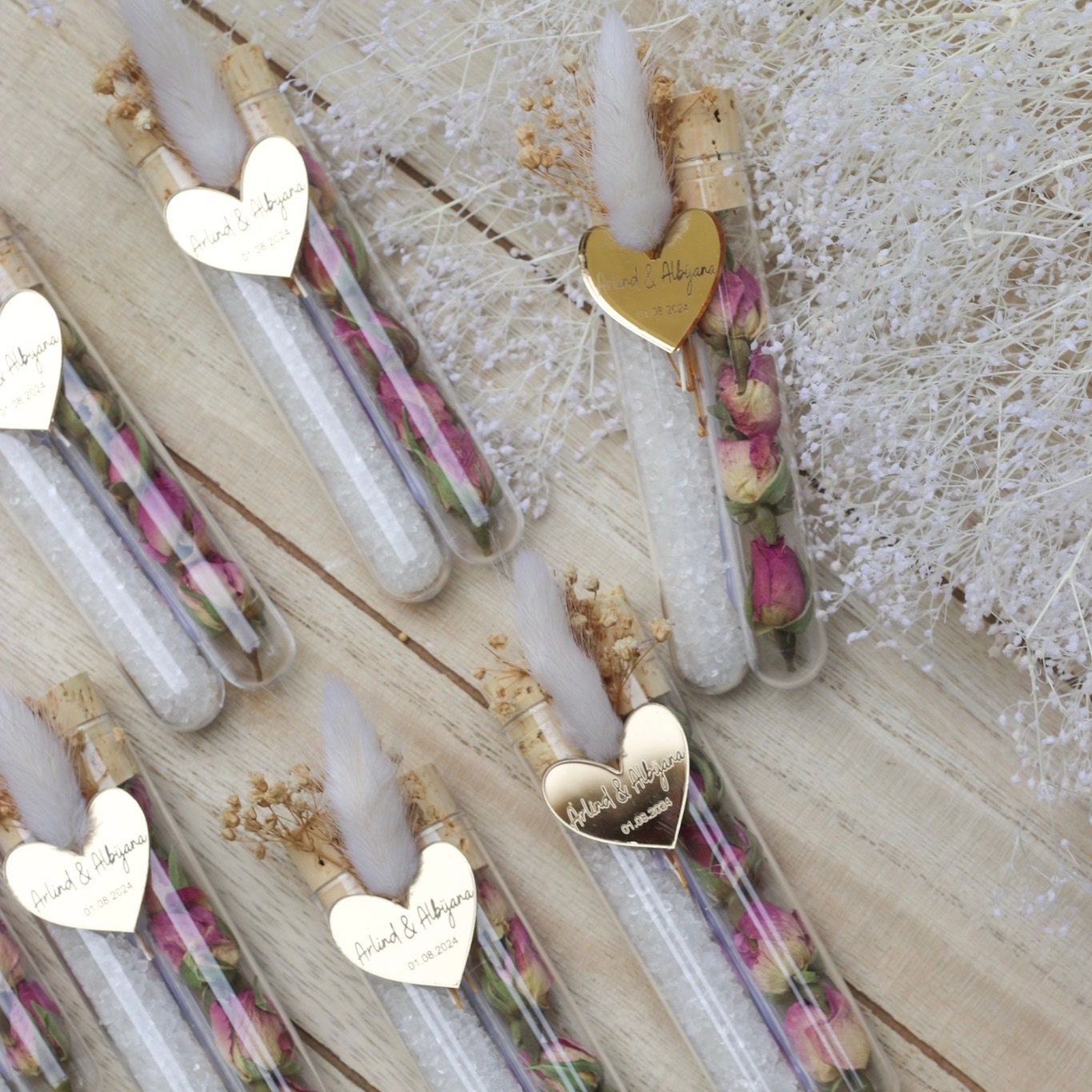 Gastgeschenk Hochzeit personalisiert - Acryl Herz mit Gravur, Badesalz & Rosenknospen - mit Namen, Wedding Favor, Guest Gifts, Bapteme