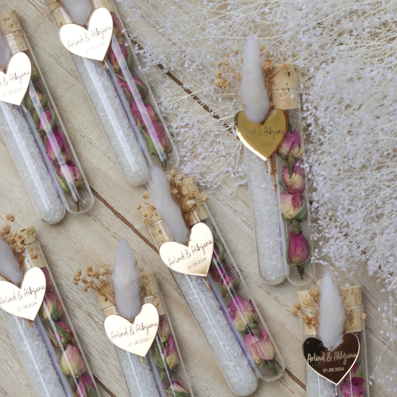 Gastgeschenk Hochzeit personalisiert - Acryl Herz mit Gravur, Badesalz & Rosenknospen - mit Namen, Wedding Favor, Guest Gifts, Bapteme