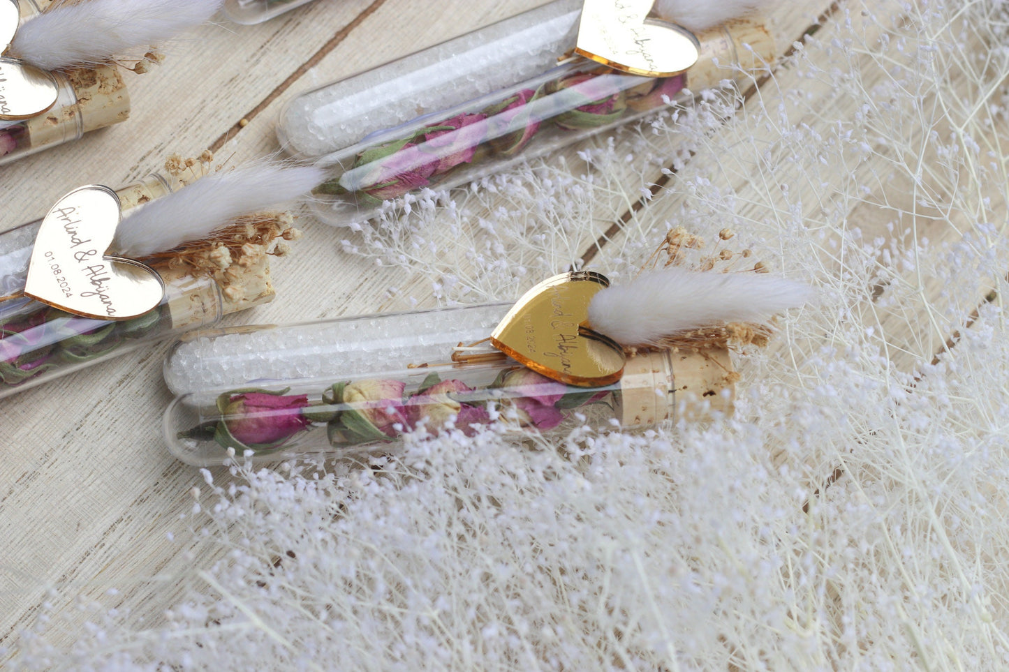 Gastgeschenk Hochzeit personalisiert - Acryl Herz mit Gravur, Badesalz & Rosenknospen - mit Namen, Wedding Favor, Guest Gifts, Bapteme