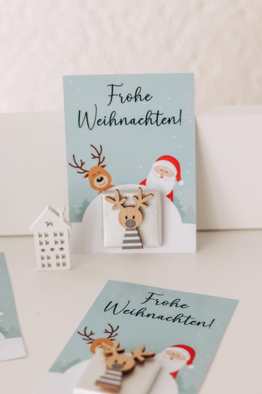 Weihnachtskarte Schokokarte mit 3D Rentier - Gastgeschenk Weihnachten - Mitarbeitergeschenk - Weihnachtsfeier - Tischdeko