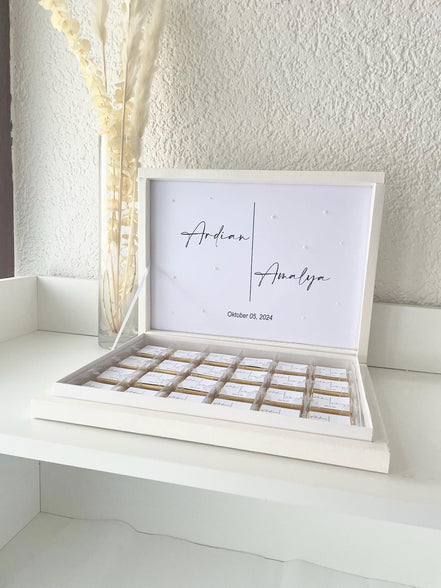 Schokobox personalisiert mit Namen & Datum - mit dekorativen Perlen - weiß minimalistisch Hochzeit Verlobung Sözümüz Söz