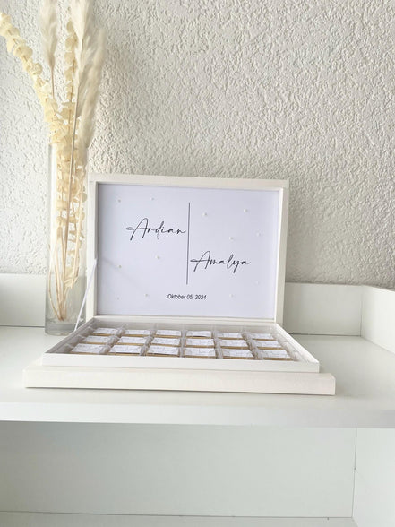 Schokobox personalisiert mit Namen & Datum - mit dekorativen Perlen - weiß minimalistisch Hochzeit Verlobung Sözümüz Söz