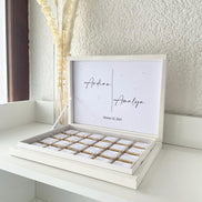 Schokobox personalisiert mit Namen & Datum - mit dekorativen Perlen - weiß minimalistisch Hochzeit Verlobung Sözümüz Söz