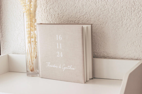 Gästebuch aus Leinen Hochzeit Fotoalbum beige weiß minimalistisch - Mit Datum & Namen - Hochzeitsgeschenk
