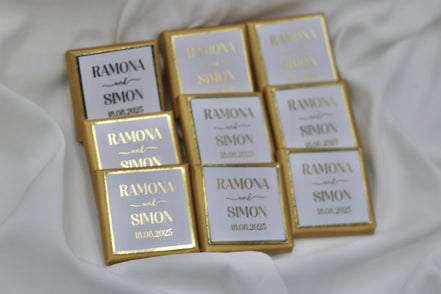 Gastgeschenk (10 Stück) Hochzeit Schokolade Gold oder Silberveredelung - Wedding favor mit Namen und Datum - Minimalistisch - luxuriös