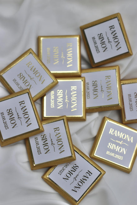 Gastgeschenk (10 Stück) Hochzeit Schokolade Gold oder Silberveredelung - Wedding favor mit Namen und Datum - Minimalistisch - luxuriös