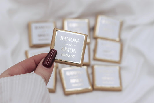 Gastgeschenk (10 Stück) Hochzeit Schokolade Gold oder Silberveredelung - Wedding favor mit Namen und Datum - Minimalistisch - luxuriös
