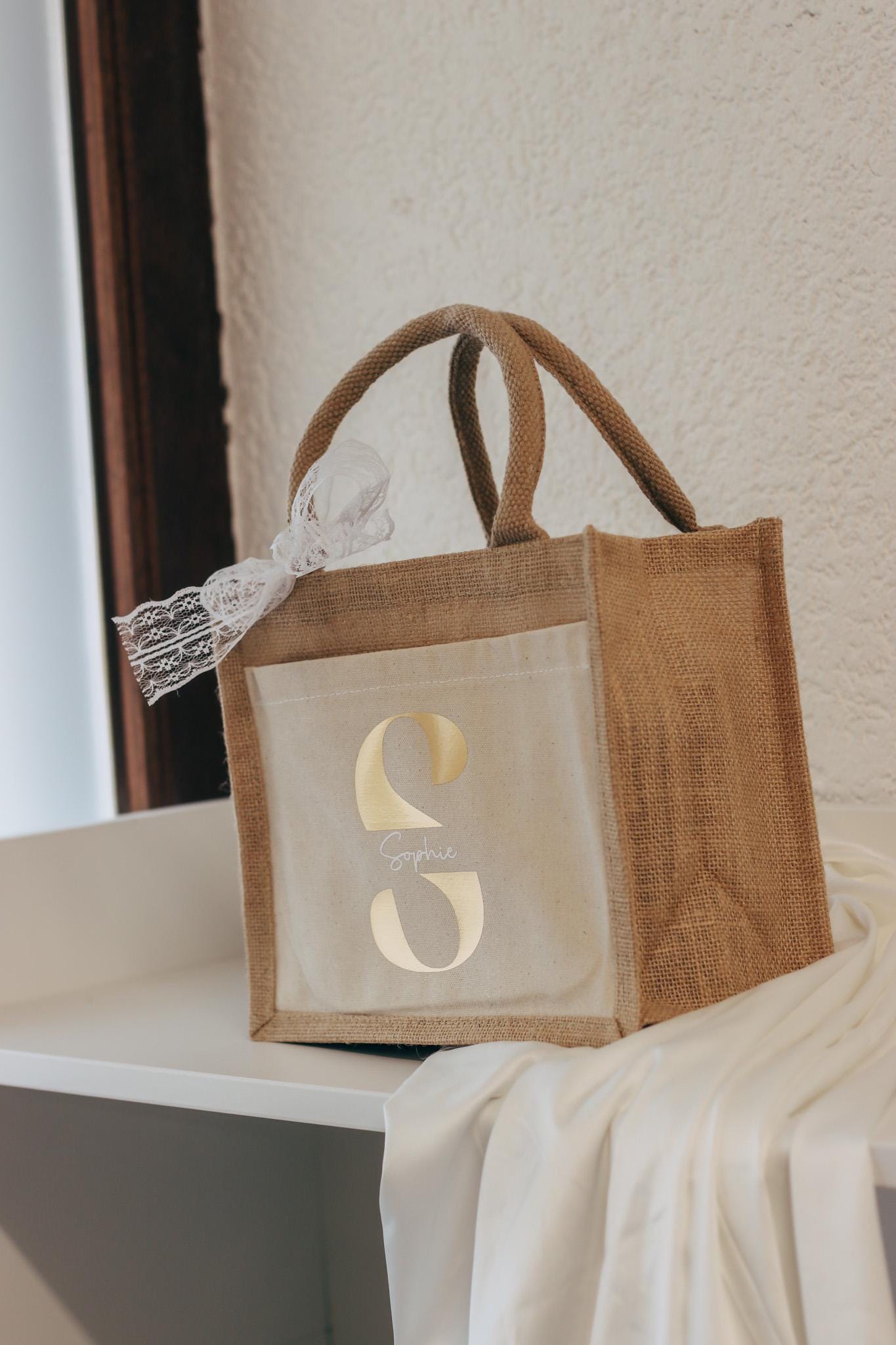 Personalisierte Jutetasche mit Namen + Initial, Trauzeugin Brautjungfer fragen - personalisiertes Geschenk - kleine Jutetasche - JGA