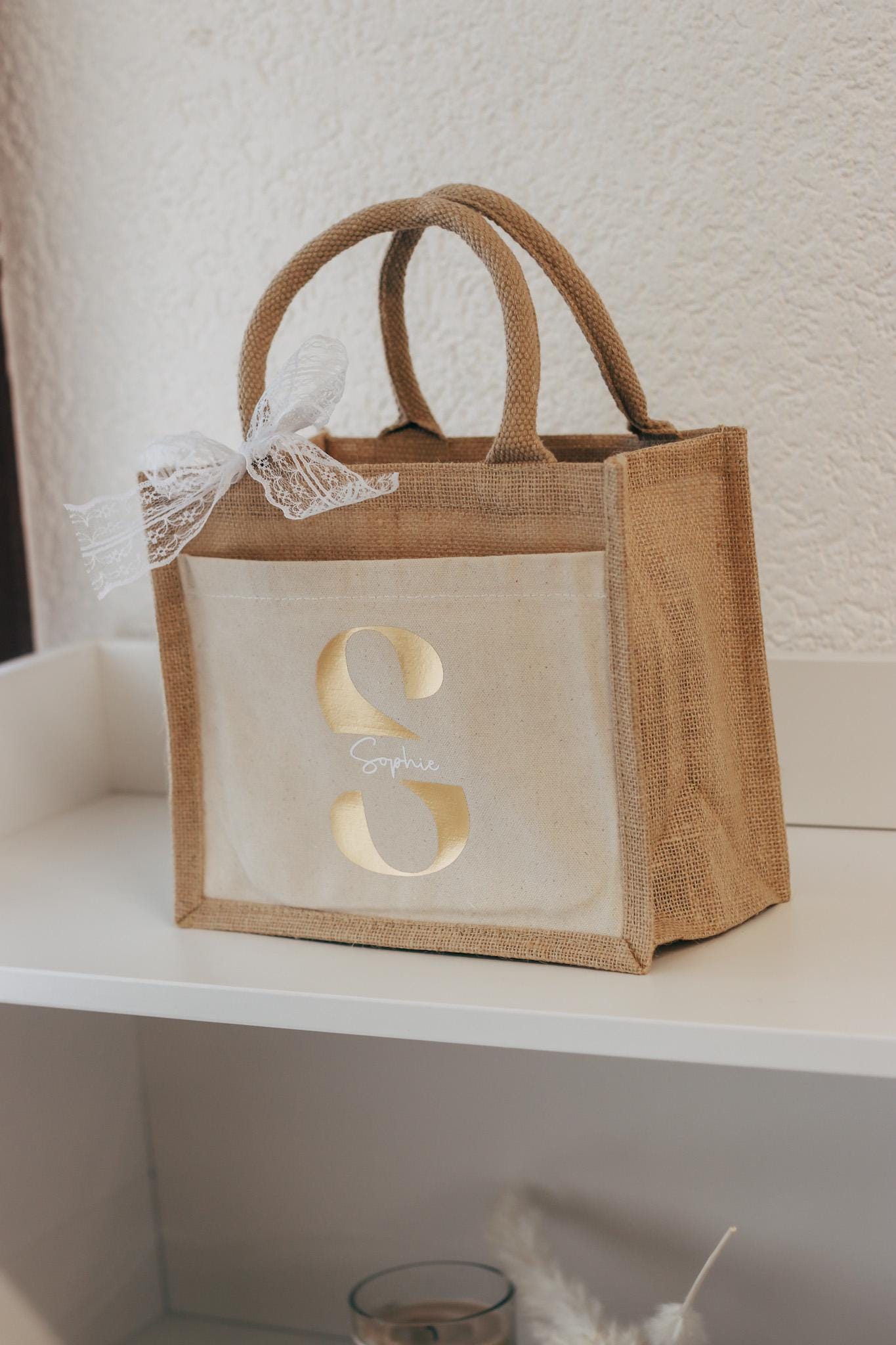 Personalisierte Jutetasche mit Namen + Initial, Trauzeugin Brautjungfer fragen - personalisiertes Geschenk - kleine Jutetasche - JGA