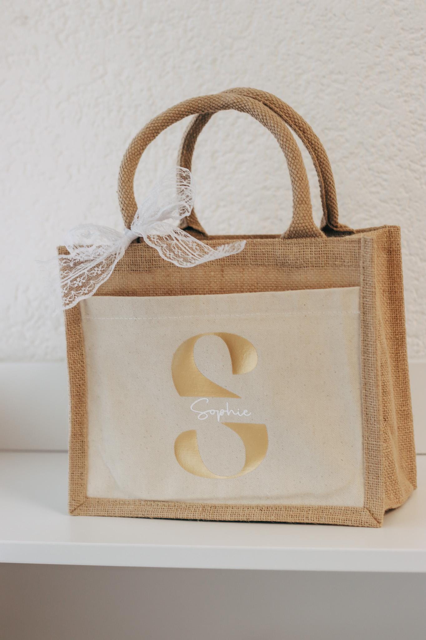 Personalisierte Jutetasche mit Namen + Initial, Trauzeugin Brautjungfer fragen - personalisiertes Geschenk - kleine Jutetasche - JGA