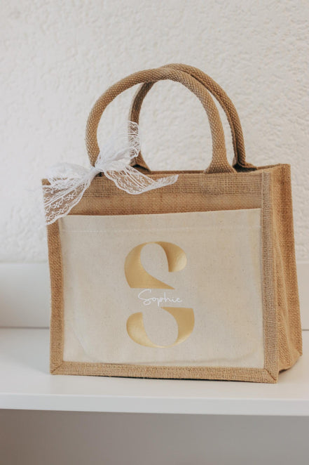 Personalisierte Jutetasche mit Namen + Initial, Trauzeugin Brautjungfer fragen - personalisiertes Geschenk - kleine Jutetasche - JGA