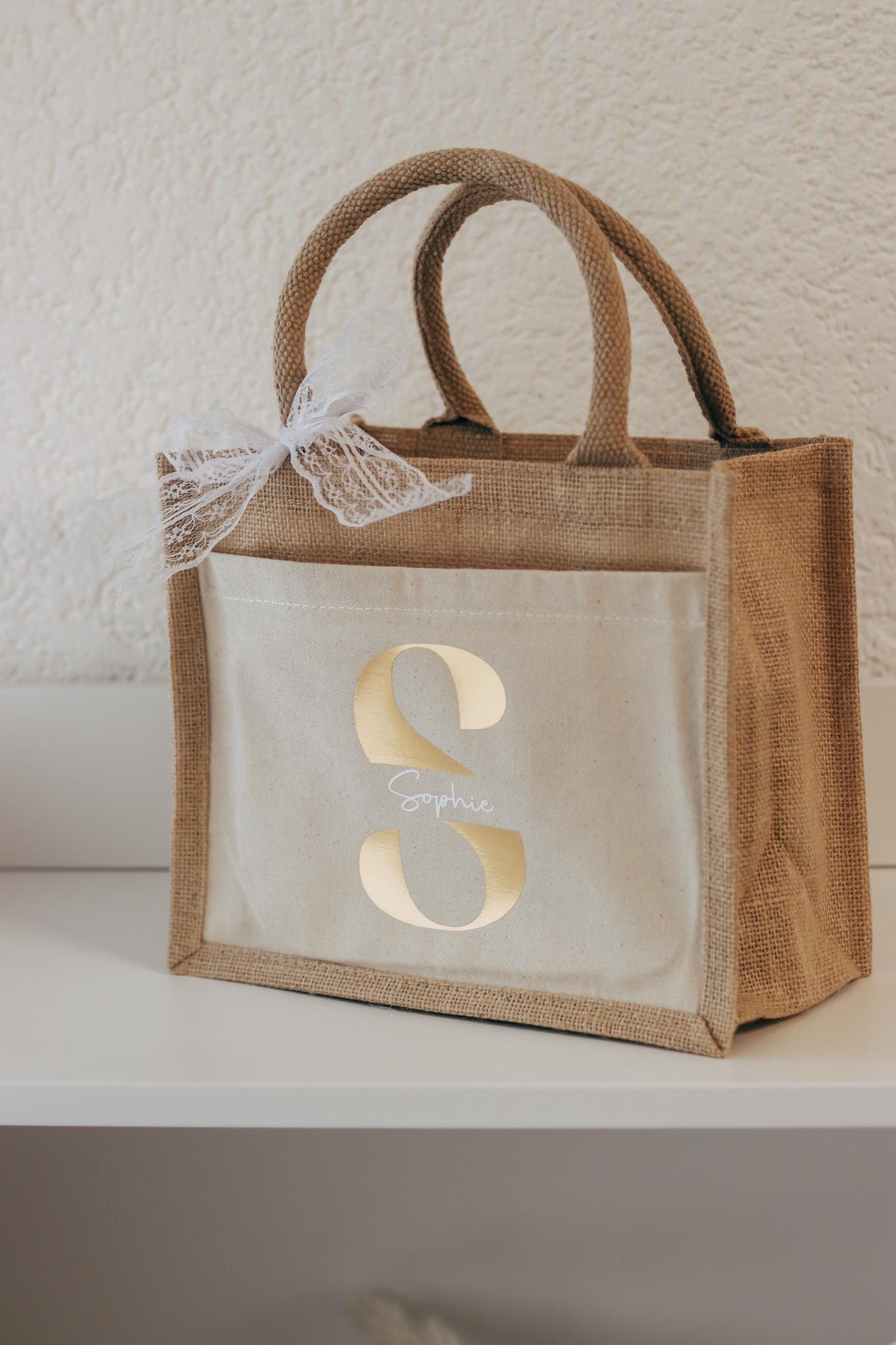 Personalisierte Jutetasche mit Namen + Initial, Trauzeugin Brautjungfer fragen - personalisiertes Geschenk - kleine Jutetasche - JGA