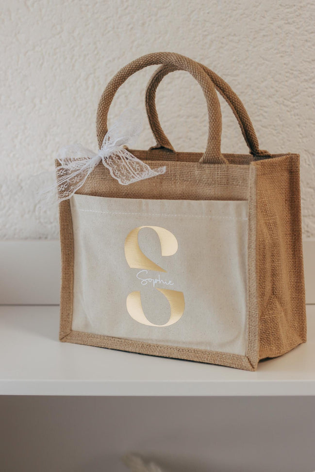 Personalisierte Jutetasche mit Namen + Initial, Trauzeugin Brautjungfer fragen - personalisiertes Geschenk - kleine Jutetasche - JGA