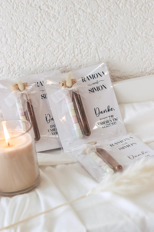 Gastgeschenk/Danksagung Hochzeit "Danke, dass ihr unseren Tag versüßt", befüllte Reagenzgläser, Taufe, Kommunion, personalisiert mit Namen