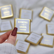 Gastgeschenk (10 Stück) Hochzeit Schokolade Gold oder Silberveredelung - Wedding favor mit Namen und Datum - Minimalistisch - luxuriös