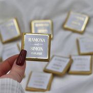 Gastgeschenk (10 Stück) Hochzeit Schokolade Gold oder Silberveredelung - Wedding favor mit Namen und Datum - Minimalistisch - luxuriös