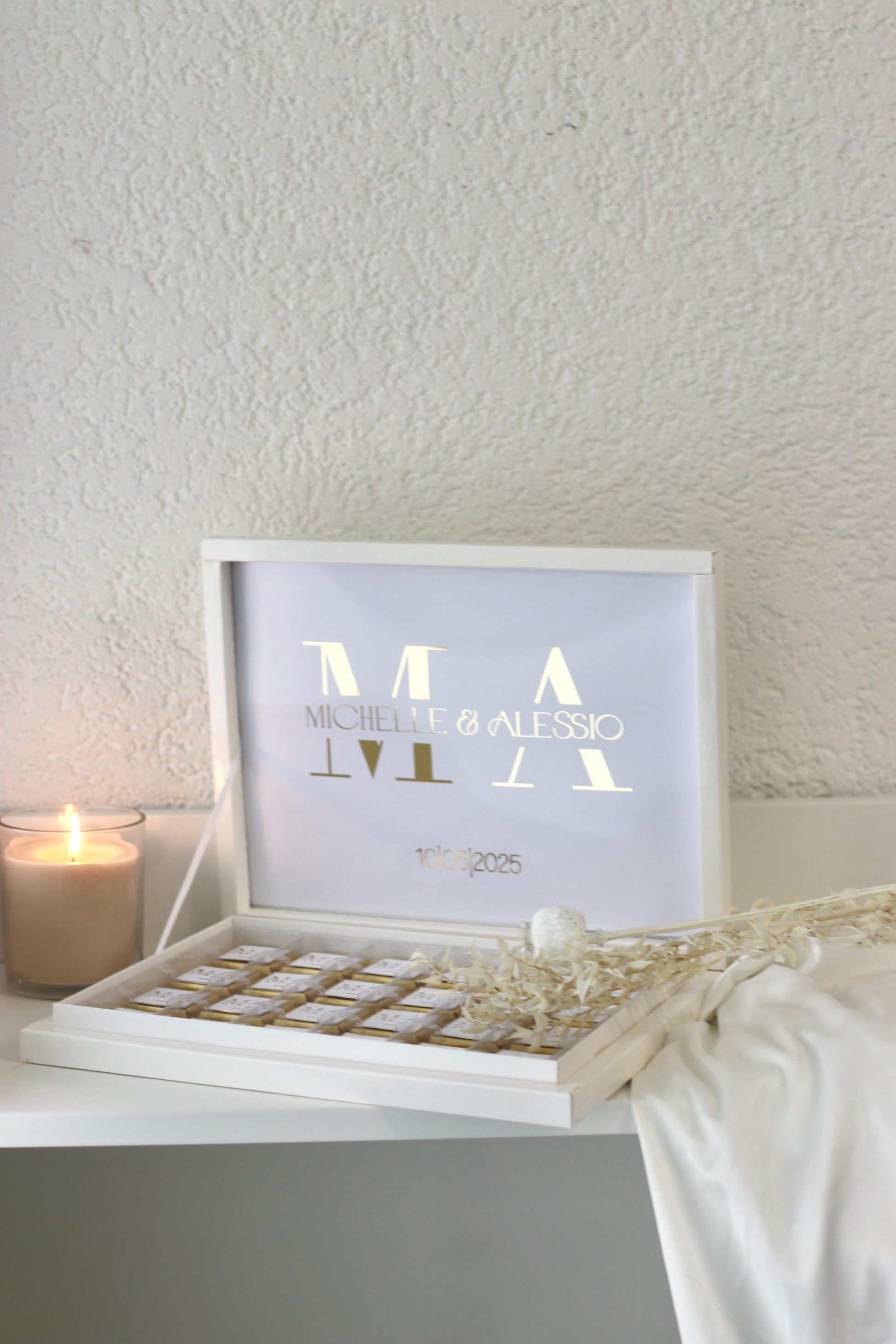 Gastgeschenk Hochzeit Verlobung Schokobox mit Gold/Silber Veredelung - Sözümüz Söz, Nikah, Geburtstag personalisiert mit Namen