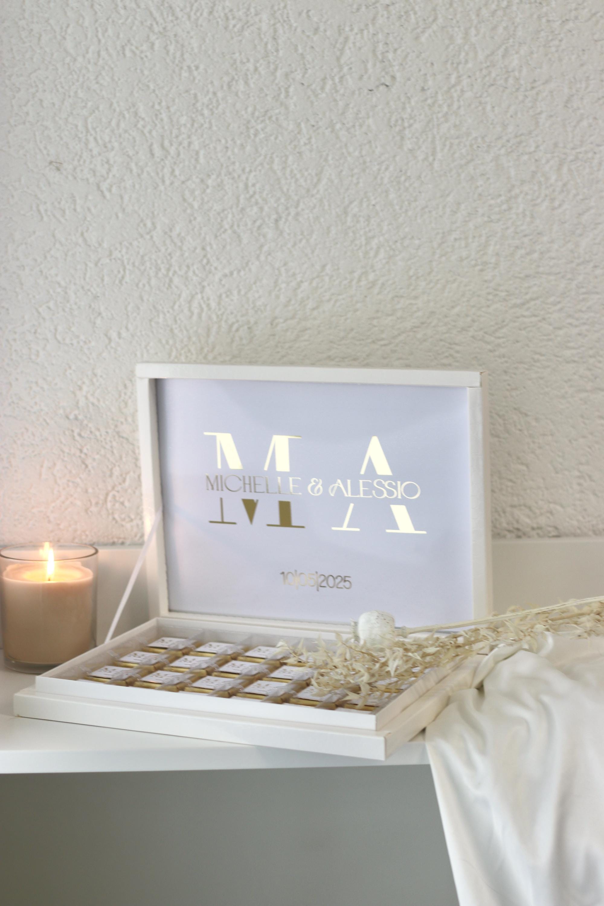 Gastgeschenk Hochzeit Verlobung Schokobox mit Gold/Silber Veredelung - Sözümüz Söz, Nikah, Geburtstag personalisiert mit Namen
