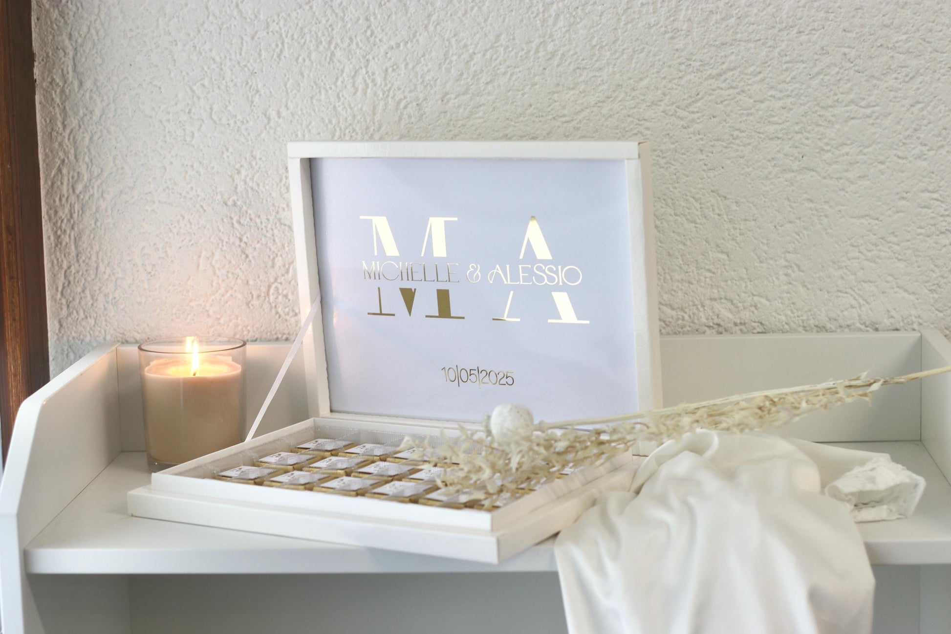 Gastgeschenk Hochzeit Verlobung Schokobox mit Gold/Silber Veredelung - Sözümüz Söz, Nikah, Geburtstag personalisiert mit Namen