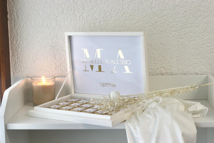 Gastgeschenk Hochzeit Verlobung Schokobox mit Gold/Silber Veredelung - Sözümüz Söz, Nikah, Geburtstag personalisiert mit Namen