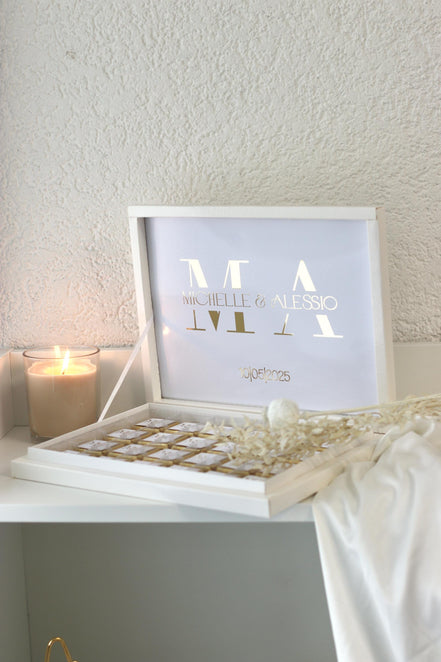 Gastgeschenk Hochzeit Verlobung Schokobox mit Gold/Silber Veredelung - Sözümüz Söz, Nikah, Geburtstag personalisiert mit Namen