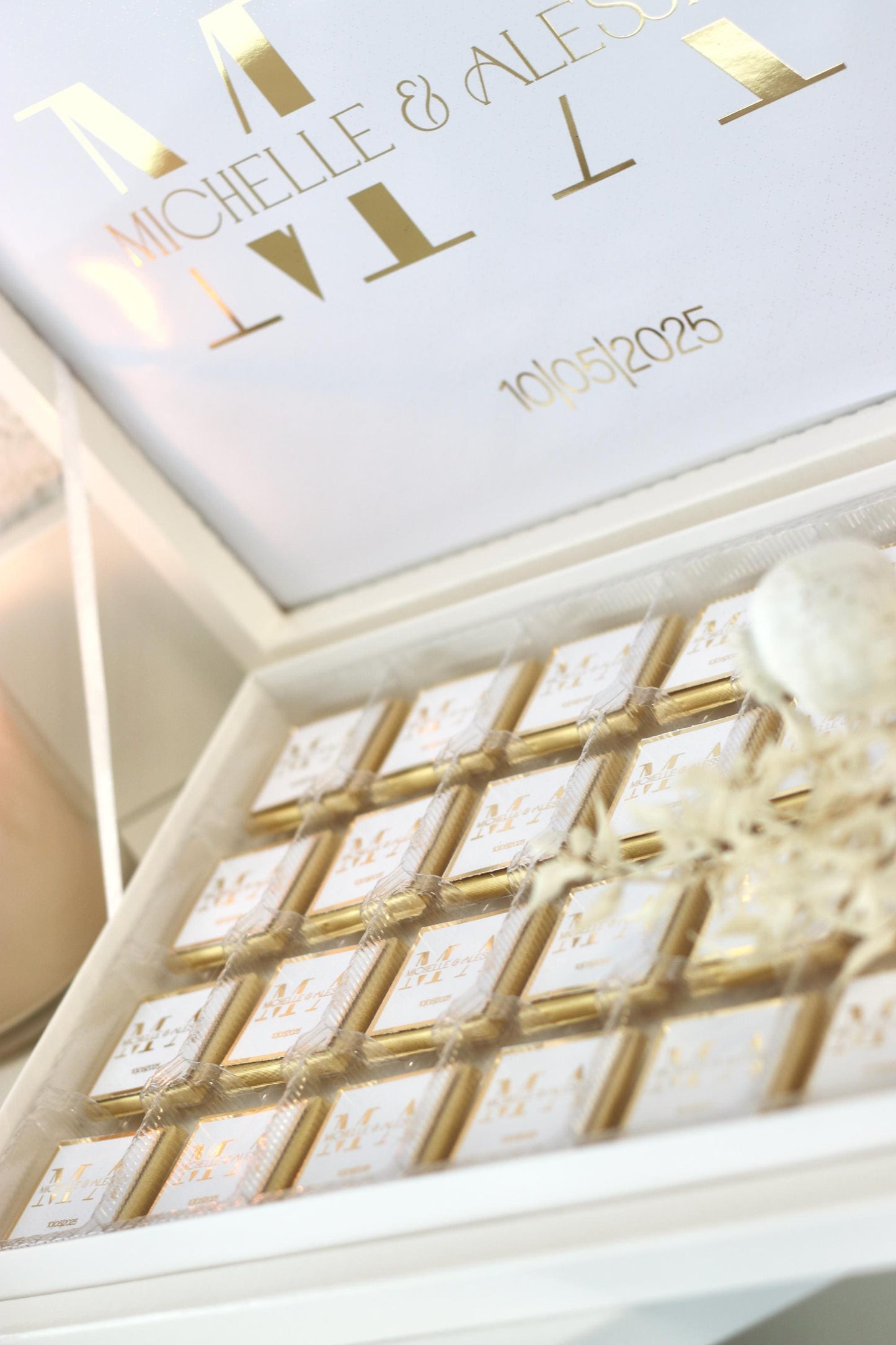 Gastgeschenk Hochzeit Verlobung Schokobox mit Gold/Silber Veredelung - Sözümüz Söz, Nikah, Geburtstag personalisiert mit Namen