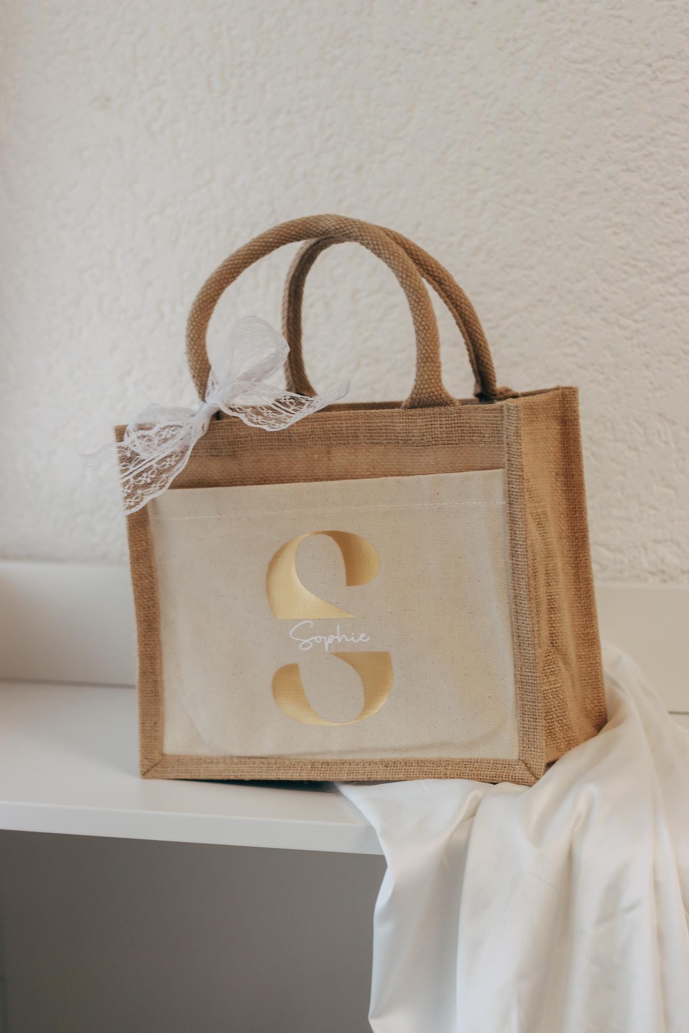 Personalisierte Jutetasche mit Namen + Initial, Trauzeugin Brautjungfer fragen - personalisiertes Geschenk - kleine Jutetasche - JGA