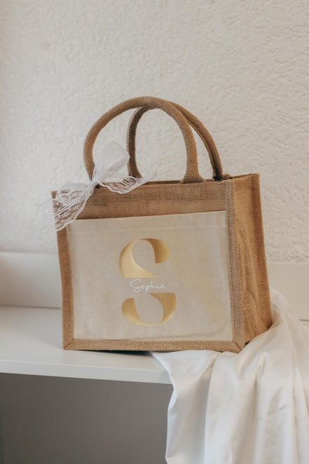 Personalisierte Jutetasche mit Namen + Initial, Trauzeugin Brautjungfer fragen - personalisiertes Geschenk - kleine Jutetasche - JGA