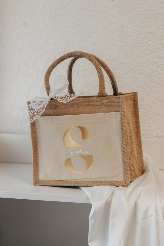 Personalisierte Jutetasche mit Namen + Initial, Trauzeugin Brautjungfer fragen - personalisiertes Geschenk - kleine Jutetasche - JGA