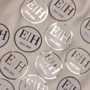 Personalisierte Etiketten für Gastgeschenke mit metallic Veredelung in gold, Hochzeit, Taufe,Sözümüz Söz, Verlobung, Initial & Datum