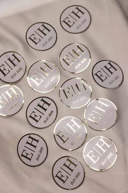 Personalisierte Etiketten für Gastgeschenke mit metallic Veredelung in gold, Hochzeit, Taufe,Sözümüz Söz, Verlobung, Initial & Datum