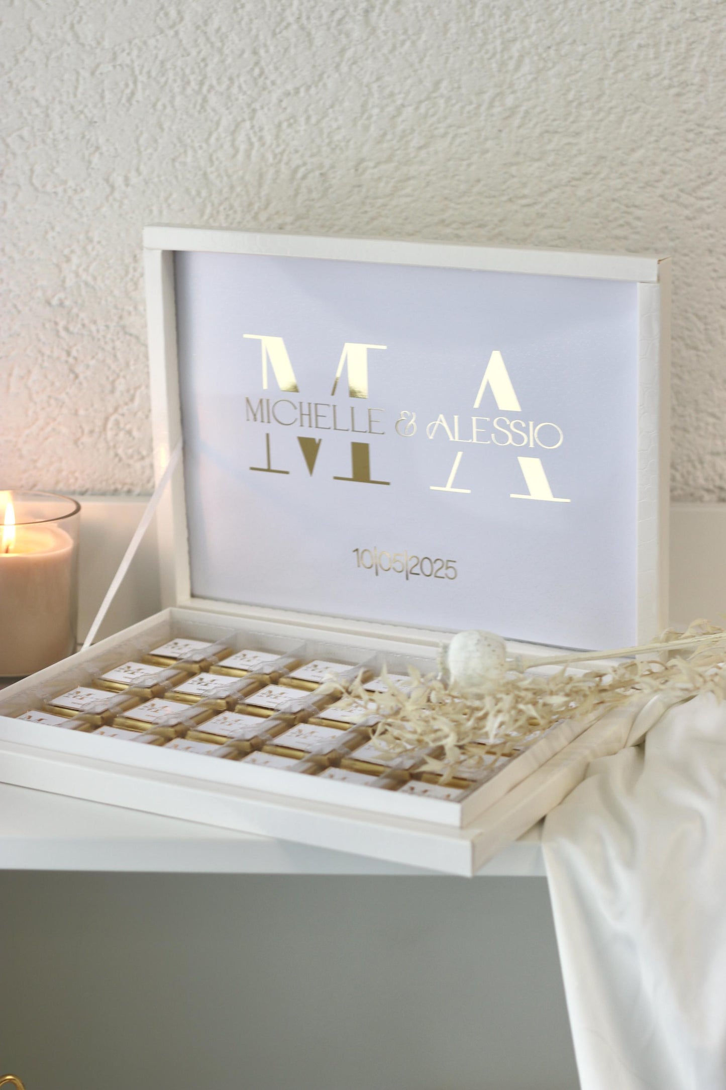 Gastgeschenk Hochzeit Verlobung Schokobox mit Gold/Silber Veredelung - Sözümüz Söz, Nikah, Geburtstag personalisiert mit Namen