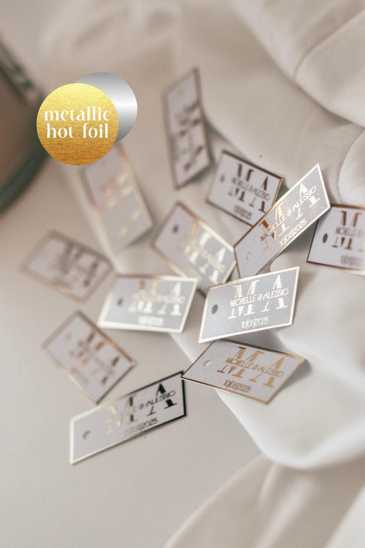 Personalisierte Etiketten für Gastgeschenke mit metallic Veredelung in gold oder silber, Hochzeit, Taufe, Geburtstag, Sözümüz Söz, Verlobung