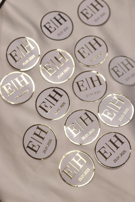 Personalisierte Etiketten für Gastgeschenke mit metallic Veredelung in gold, Hochzeit, Taufe,Sözümüz Söz, Verlobung, Initial & Datum