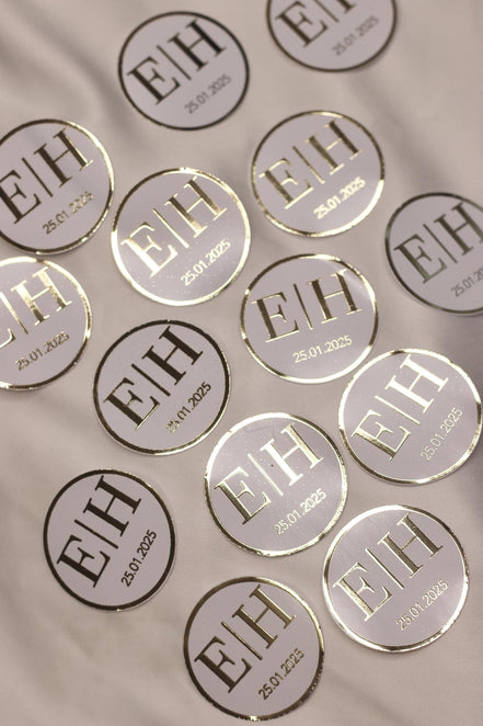 Personalisierte Etiketten für Gastgeschenke mit metallic Veredelung in gold, Hochzeit, Taufe,Sözümüz Söz, Verlobung, Initial & Datum