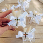 Gastgeschenk Taufe o. Kommunion - Acryl Kreuz - Personalisiert mit dem Namen, gold oder silber, Rosenseife,