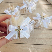 Gastgeschenk Taufe o. Kommunion - Acryl Kreuz - Personalisiert mit dem Namen, gold oder silber, Rosenseife,