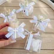 Gastgeschenk Taufe o. Kommunion - Acryl Kreuz - Personalisiert mit dem Namen, gold oder silber, Rosenseife,