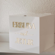 Personalisierte Acryl Geld Geschenkbox mit Schloss – Hochzeitsgeschenkbox in Weiß – 30x30x30 cm – Mit Namen personalisierbar,