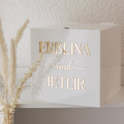 Personalisierte Acryl Geld Geschenkbox mit Schloss – Hochzeitsgeschenkbox in Weiß – 30x30x30 cm – Mit Namen personalisierbar,