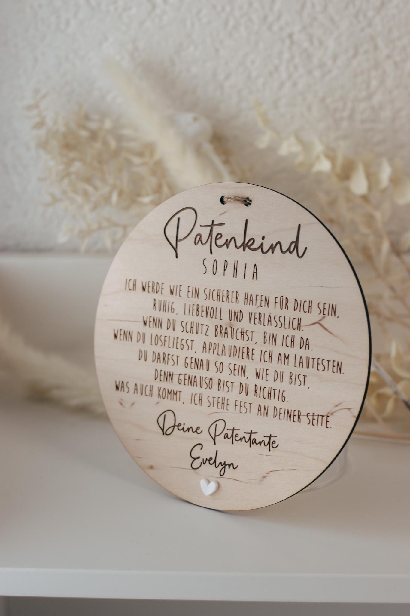 Patenkind Schild personalisiert | Geschenk zur Taufe mit Name, Widmung & Herz | Patentante Patenonkel Taufgeschenk aus Holz