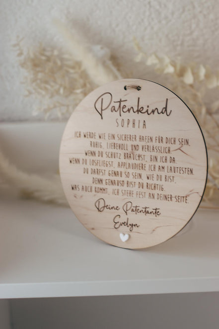 Patenkind Schild personalisiert | Geschenk zur Taufe mit Name, Widmung & Herz | Patentante Patenonkel Taufgeschenk aus Holz