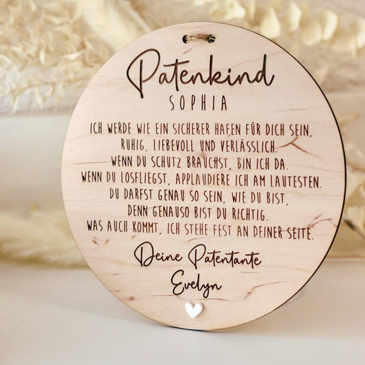 Patenkind Schild personalisiert | Geschenk zur Taufe mit Name, Widmung & Herz | Patentante Patenonkel Taufgeschenk aus Holz