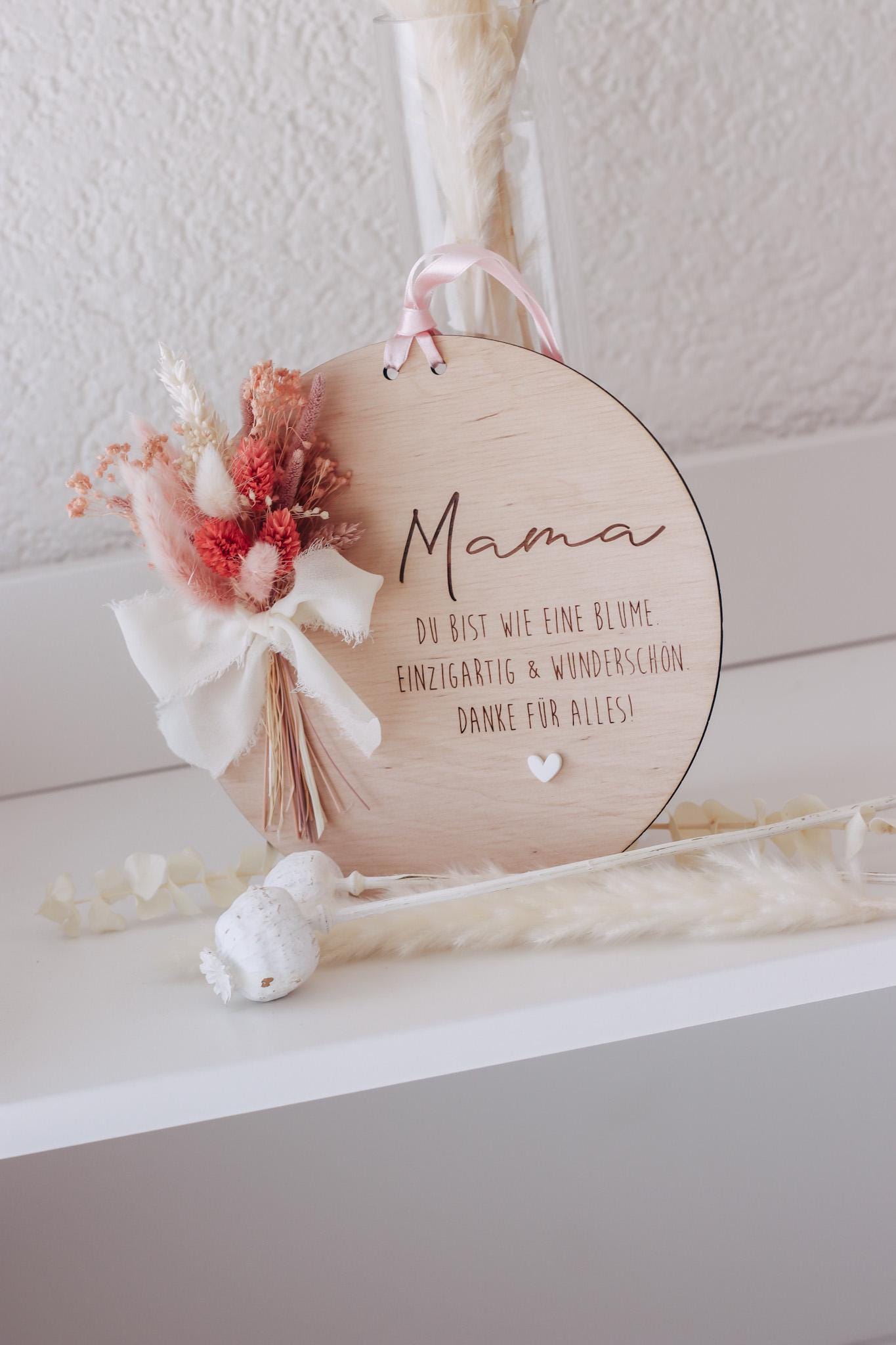 Muttertagsschild Holz | Trockenblumen rosa | Geschenk für Mama | personalisiert | Muttertagsgeschenk | Holzdeko | Beste Mama, Oma, Danke