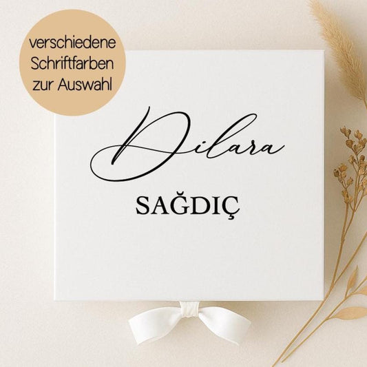 Personalisierte Geschenkbox „Sağdıç“ – Weiße Box mit Satinschleife & Holzwolle – Geschenk für Trauzeugin, türkische Hochzeit, Nikah Sağdıçim