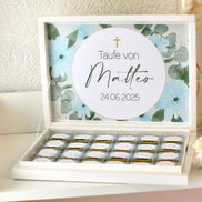 Personalisierte Schokobox Taufe Kommunion mit 24 oder 48 Vollmilch-Schokoladen – Personalisierbar mit Name & Datum – Grün Blau mit Goldkreuz
