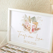 Personalisierte Schokobox Taufe Kommunion mit 24 oder 48 Vollmilch-Schokoladen – Personalisierbar mit Name & Datum – Boho Stil mit Goldkreuz