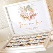 Personalisierte Schokobox Taufe Kommunion mit 24 oder 48 Vollmilch-Schokoladen – Personalisierbar mit Name & Datum – Boho Stil mit Goldkreuz