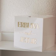Personalisierte Acryl Geld Geschenkbox mit Schloss – Hochzeitsgeschenkbox in Weiß – 30x30x30 cm – Mit Namen personalisierbar,