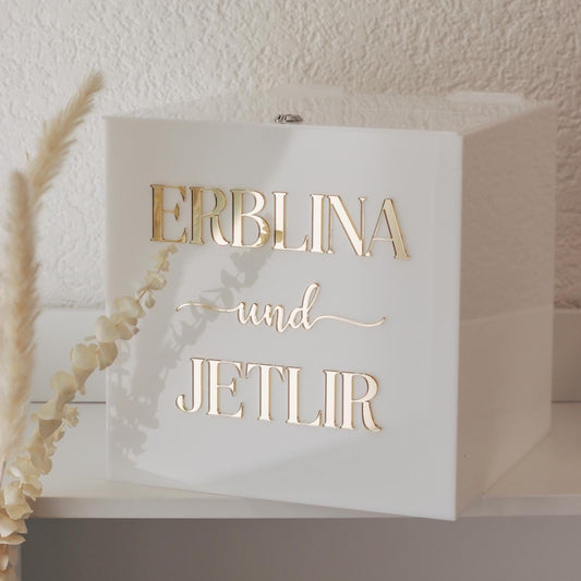 Personalisierte Acryl Geld Geschenkbox mit Schloss – Hochzeitsgeschenkbox in Weiß – 30x30x30 cm – Mit Namen personalisierbar,